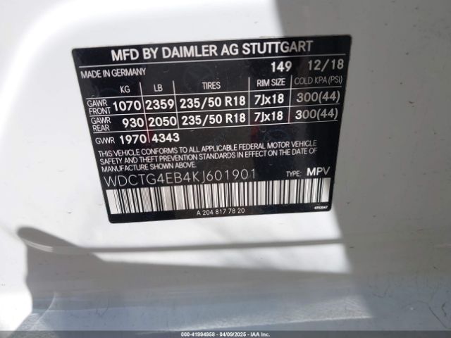 WDCTG4EB4KJ601901 Mercedes-Benz GLA 250