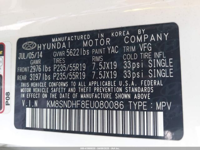 KM8SNDHF8EU080086 Hyundai Santa Fe Gls