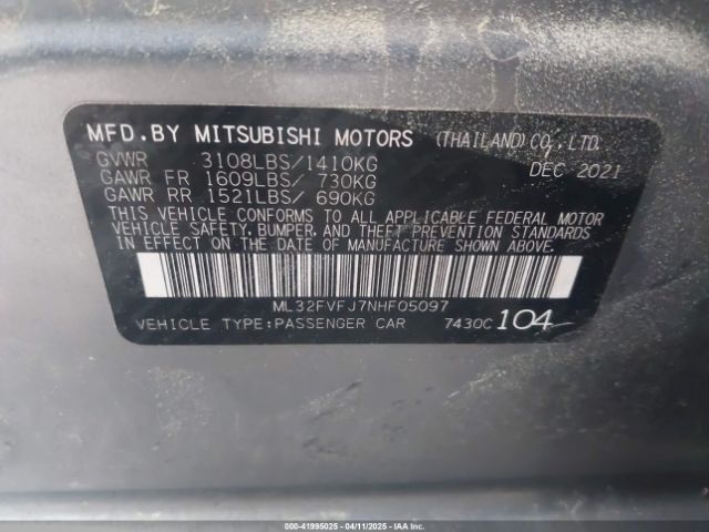 ML32FVFJ7NHF05097 Mitsubishi Mirage G4 Se
