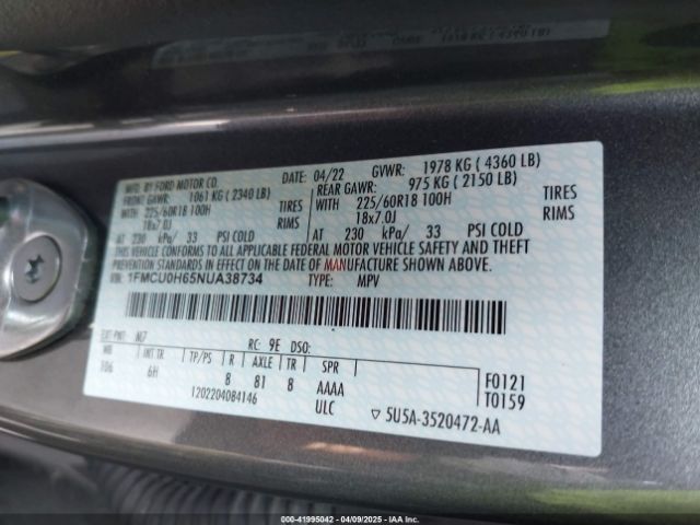 1FMCU0H65NUA38734 Ford ESCAPE SEL