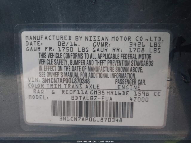 3N1CN7AP0GL870348 Nissan Versa 1.6 S/1.6 S+/1.6 Sl/1.6 Sv