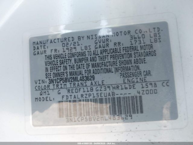 3N1CP5BV2ML483629 Nissan Kicks S Xtronic Cvt