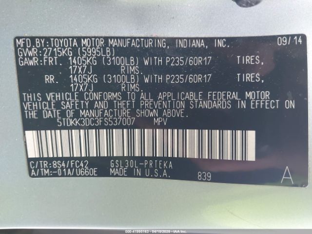 5TDKK3DC3FS537007 Toyota Sienna Le 8 Passenger