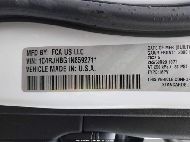 1C4RJHBG1N8592711 Jeep Grand Cherokee Limited 4x4