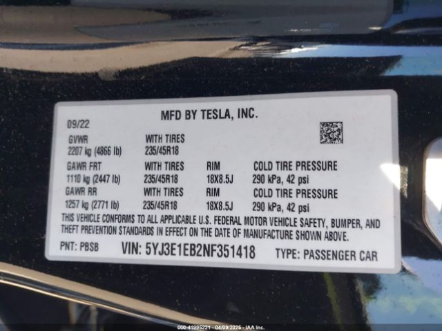 2022 TESLA MODEL 3 5YJ3E1EB2NF351418 Photo 8