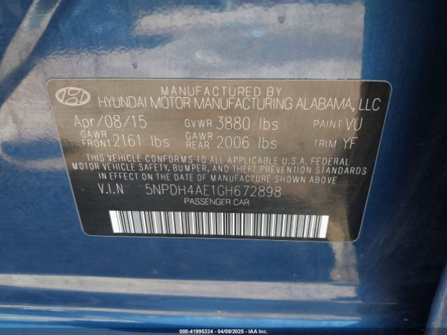 5NPDH4AE1GH672898 Hyundai Elantra Limited