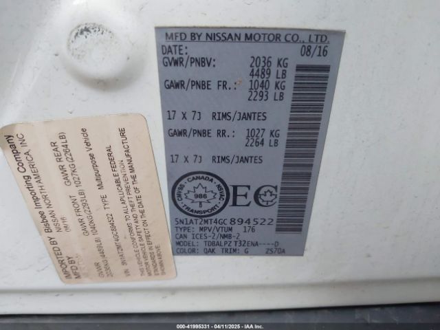 5N1AT2MT4GC894522 Nissan Rogue S/sl/sv