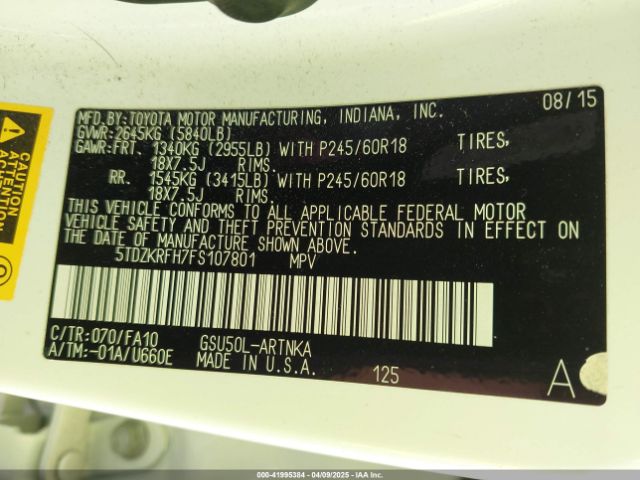 5TDZKRFH7FS107801 Toyota Highlander Le Plus V6