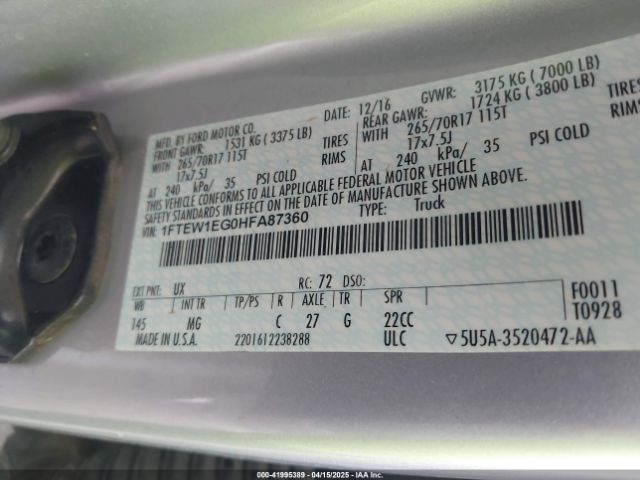 1FTEW1EG0HFA87360 Ford F-150 Xlt