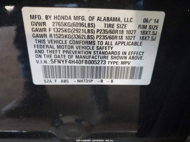 5FNYF4H40FB005273 Honda Pilot Ex