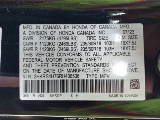 2HKRS4H76RH406536 Honda Cr-v Ex-l Awd