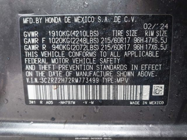 3CZRZ2H72RM773499 Honda Hr-v Awd Ex-l/awd Ex-l W/o Bsi