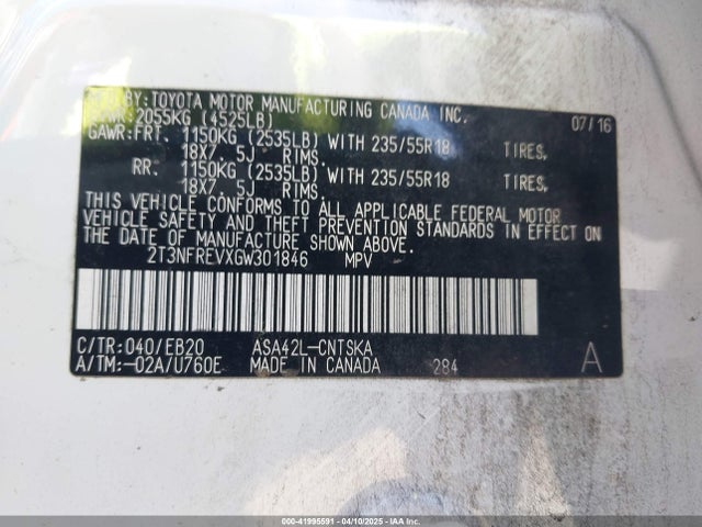 2T3NFREVXGW301846 Toyota RAV4 SE