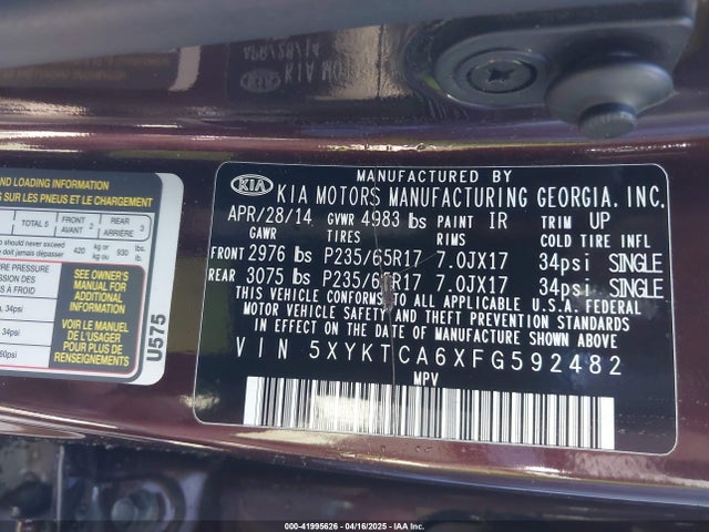 5XYKTCA6XFG592482 KIA SORENTO LX