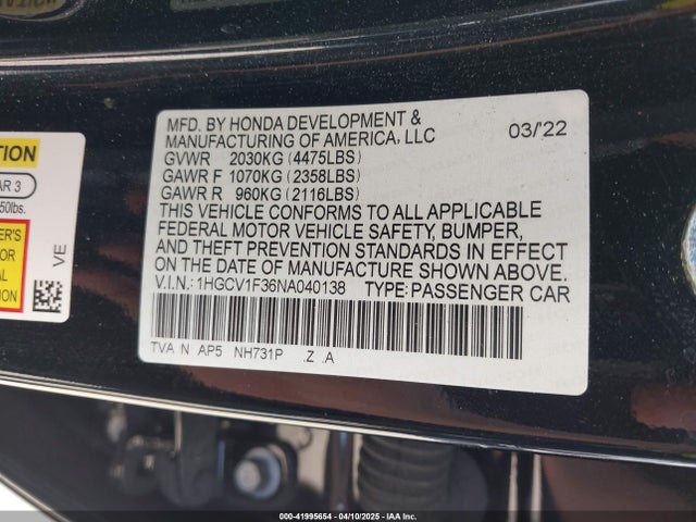 1HGCV1F36NA040138 Honda Accord Sport