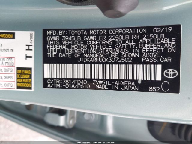 JTDKARFU0K3072502 Toyota Prius Le