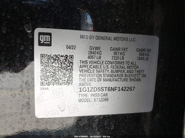 1G1ZD5ST6NF142267 Chevrolet Malibu Fwd Lt
