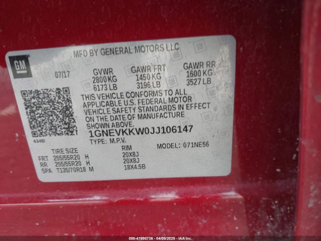 1GNEVKKW0JJ106147 Chevrolet Traverse High Country