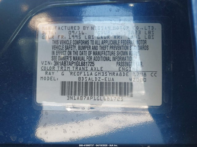 2016 Nissan Sentra S/sv/sr/sl მანქანა იყიდება აუქციონზე, vin: 3N1AB7AP1GL681725, აუქციონის ნომერი: 41995737