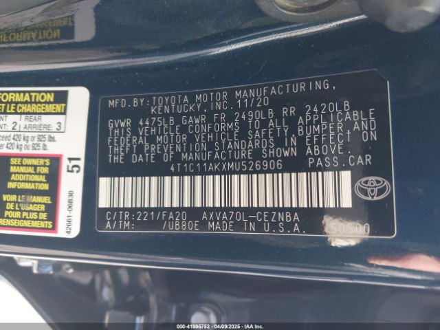 4T1C11AKXMU526906 Toyota CAMRY LE
