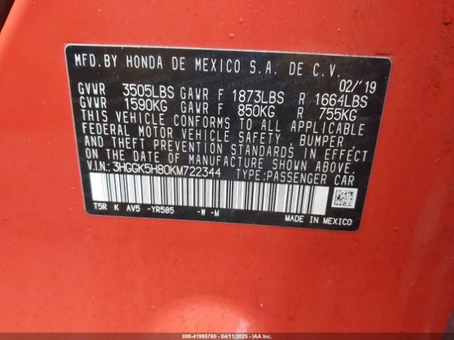 3HGGK5H80KM722344 Honda FIT EX