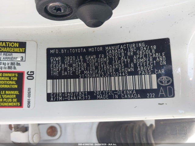 Toyota COROLLA LE 2018 2T1BURHE2JC103445 Image 9