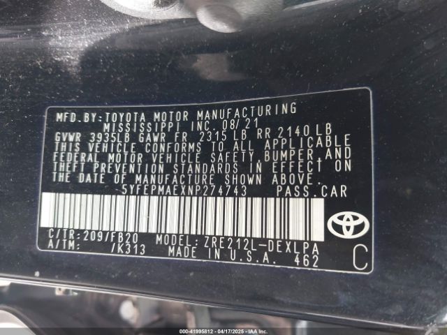 5YFEPMAEXNP274743 Toyota COROLLA LE