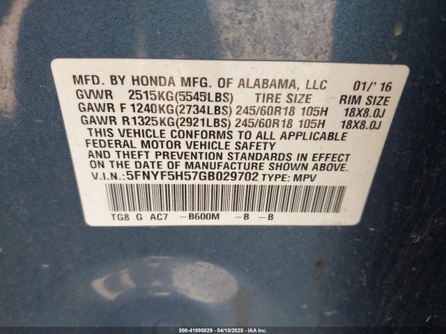5FNYF5H57GB029702 Honda Pilot Ex-l