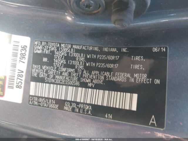 5TDYK3DC2ES500586 Toyota Sienna Xle V6 8 Passenger