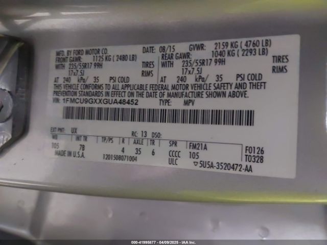 1FMCU9GXXGUA48452 Ford ESCAPE SE