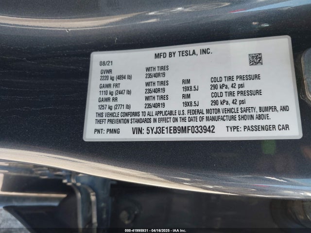 5YJ3E1EB9MF033942 Tesla Model 3 Long Range Dual Motor All-wheel Drive