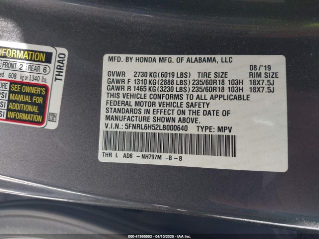 5FNRL6H52LB000640 Honda ODYSSEY EX