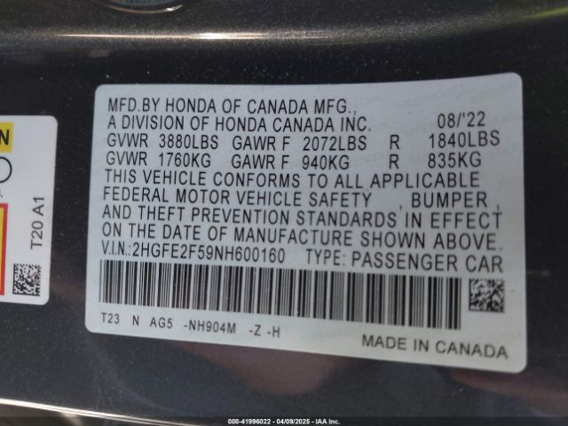 2022 HONDA CIVIC 2HGFE2F59NH600160 Photo 8