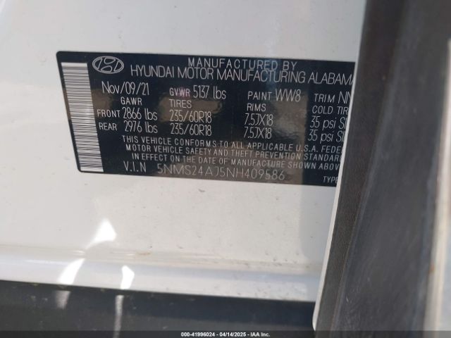 5NMS24AJ5NH409586 Hyundai Santa Fe Sel