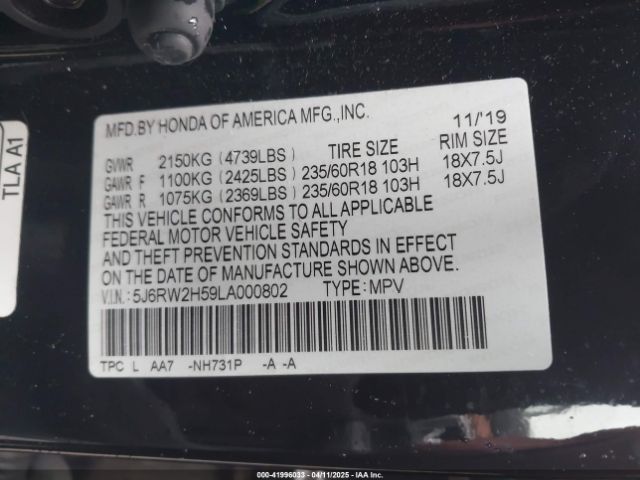 5J6RW2H59LA000802 Honda Cr-v Awd Ex