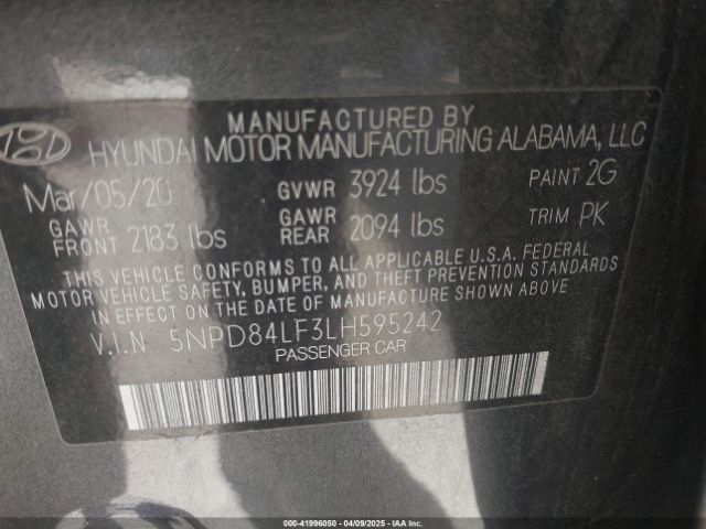 5NPD84LF3LH595242 Hyundai ELANTRA SEL