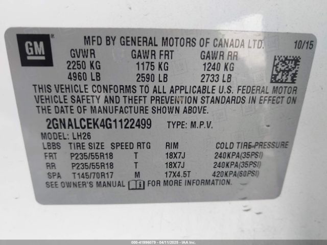 2GNALCEK4G1122499 Chevrolet EQUINOX LT