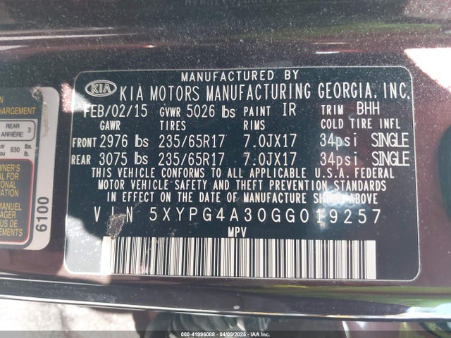 5XYPG4A30GG019257 KIA Sorento 2.4l Lx
