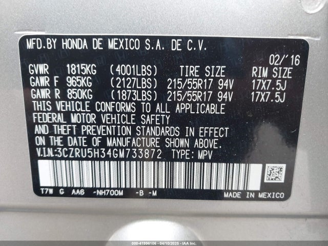 3CZRU5H34GM733872 Honda HR-V LX