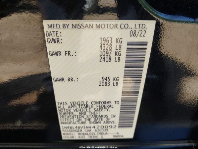 1N4BL4BV3NN420092 Nissan Altima S Fwd
