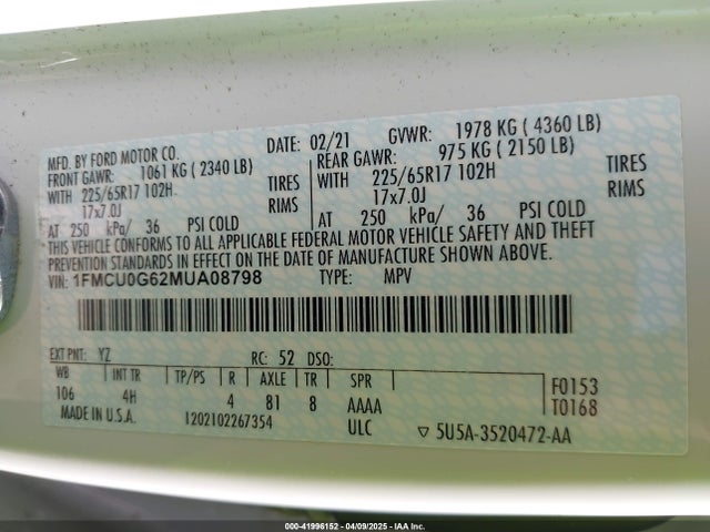 1FMCU0G62MUA08798 Ford ESCAPE SE