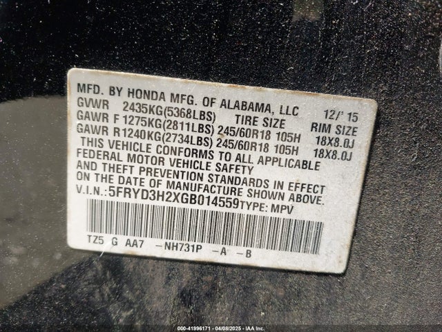 5FRYD3H2XGB014559 Acura Mdx Acurawatch Plus Package