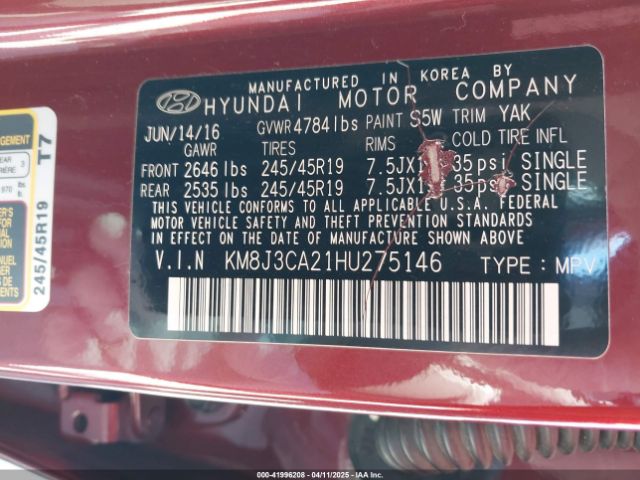 KM8J3CA21HU275146 Hyundai Tucson Limited