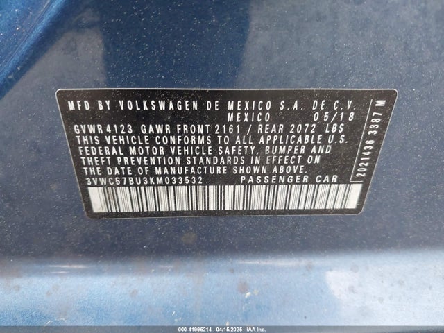 3VWC57BU3KM033532 Volkswagen Jetta 1.4t R-line/1.4t S/1.4t Se