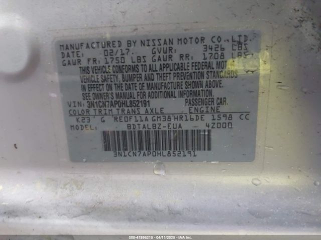 3N1CN7AP0HL852191 Nissan Versa 1.6 Sv