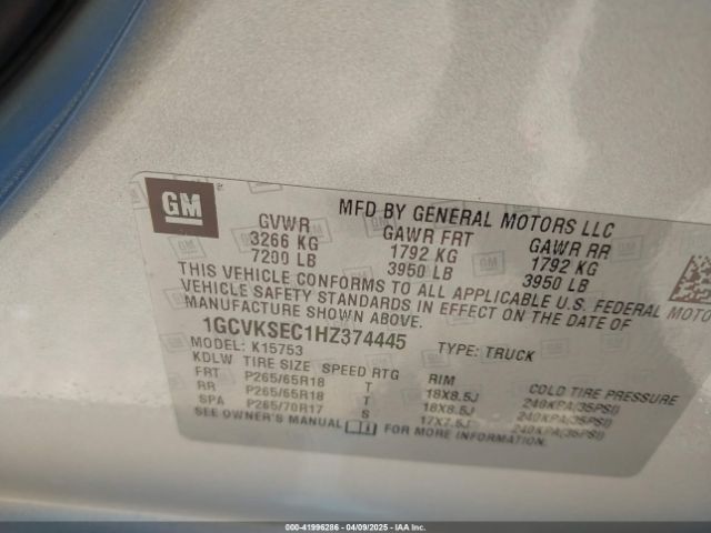 1GCVKSEC1HZ374445 Chevrolet Silverado 1500 1lz