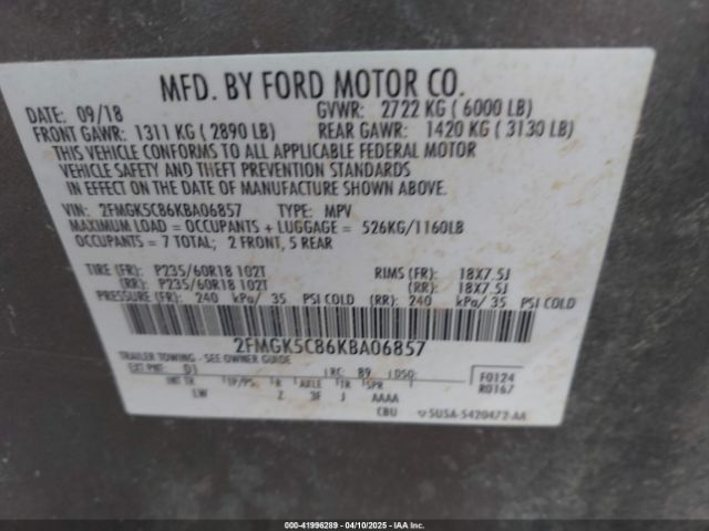 2FMGK5C86KBA06857 Ford FLEX SEL