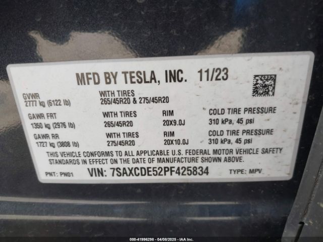 7SAXCDE52PF425834 Tesla Model X Dual Motor All-wheel Drive/standard Range