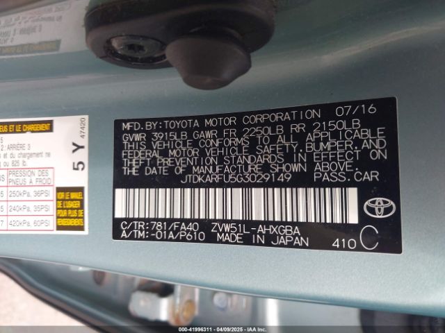 JTDKARFU5G3029149 Toyota Prius Three