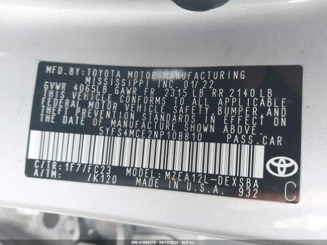 5YFS4MCE2NP108810 Toyota COROLLA SE